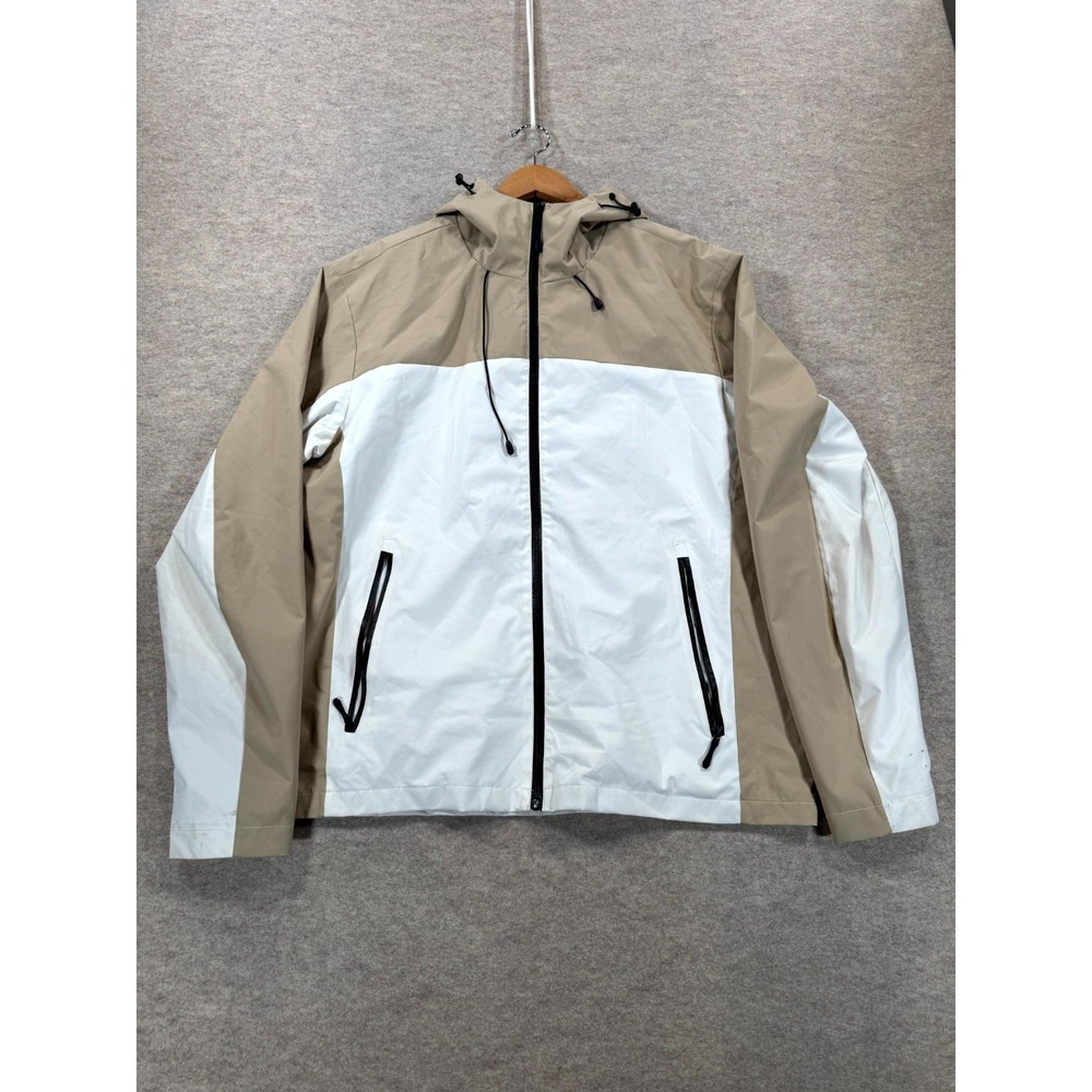 Men Windbreaker Jacket Large Beige White Color Block Hooded Long Sleeve Full Zip